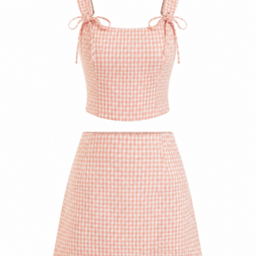 Pink and White Gingham Two-Piece Set with Cropped Tie-Front Top and Mini Skirt