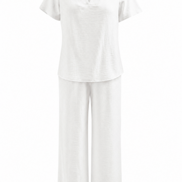 White Textured Two-Piece Set with V-Neck Cutout Top and Wide-Leg Pants