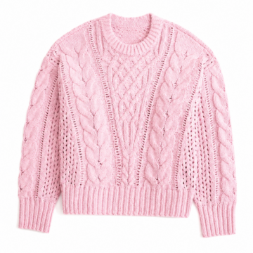 Light Pink Cable-Knit Crewneck Cropped Sweater