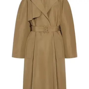 Tan Khaki Longline Trench Coat with Draped Storm Flap
