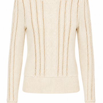 Cream Pointelle and Cable-Knit Fitted Crewneck Sweater