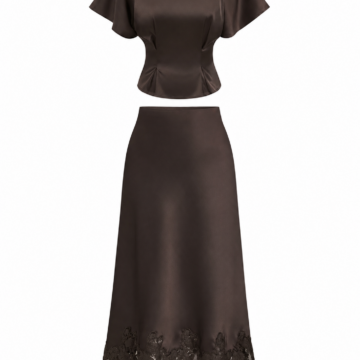 Dark Brown Two-Piece Set with Flutter-Sleeve Top and Lace-Trim Midi Skirt