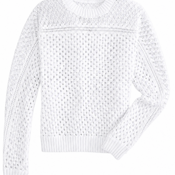 White Textured Open-Knit Crewneck Sweater
