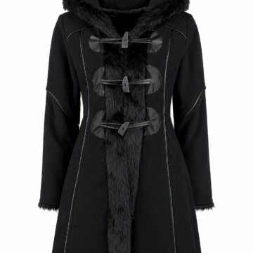 Black Hooded Mid-Length Coat with Faux Fur Trim and Toggle Closures