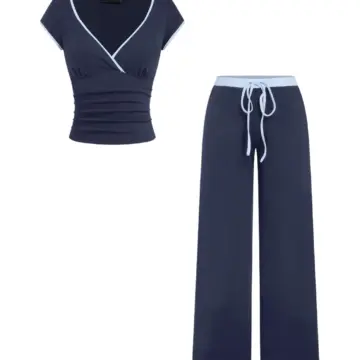 Navy Blue Two-Piece Set with Wide-Leg Pants and V-Neck Top