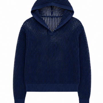 Navy Blue Open-Knit Hooded Sweater with V-Neck