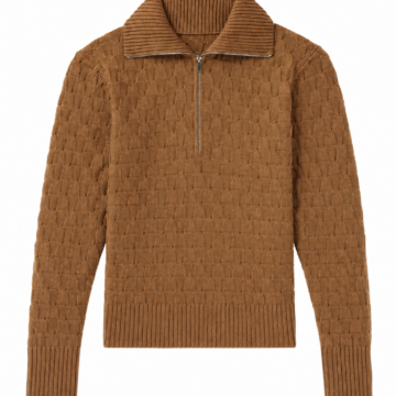 Brown Quarter-Zip Basketweave Knit Pullover