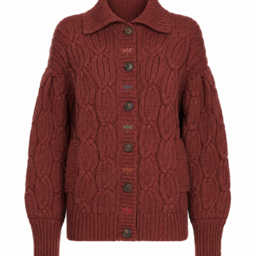 Dark Red Cable-Knit Collared Cardigan with Dragonfly Motifs