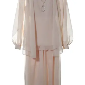 Beige Sheer Chiffon Tunic and Maxi Skirt Set with Rhinestone Brooch