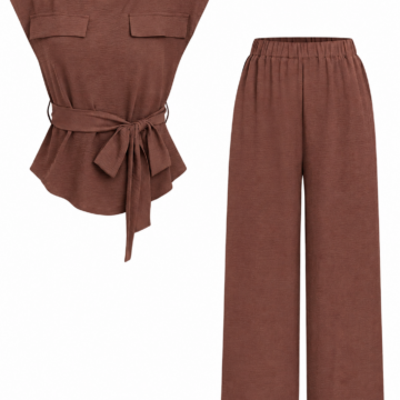 Brown Ribbed Knit Two-Piece Set with Cap Sleeve Top and Wide-Leg Pants